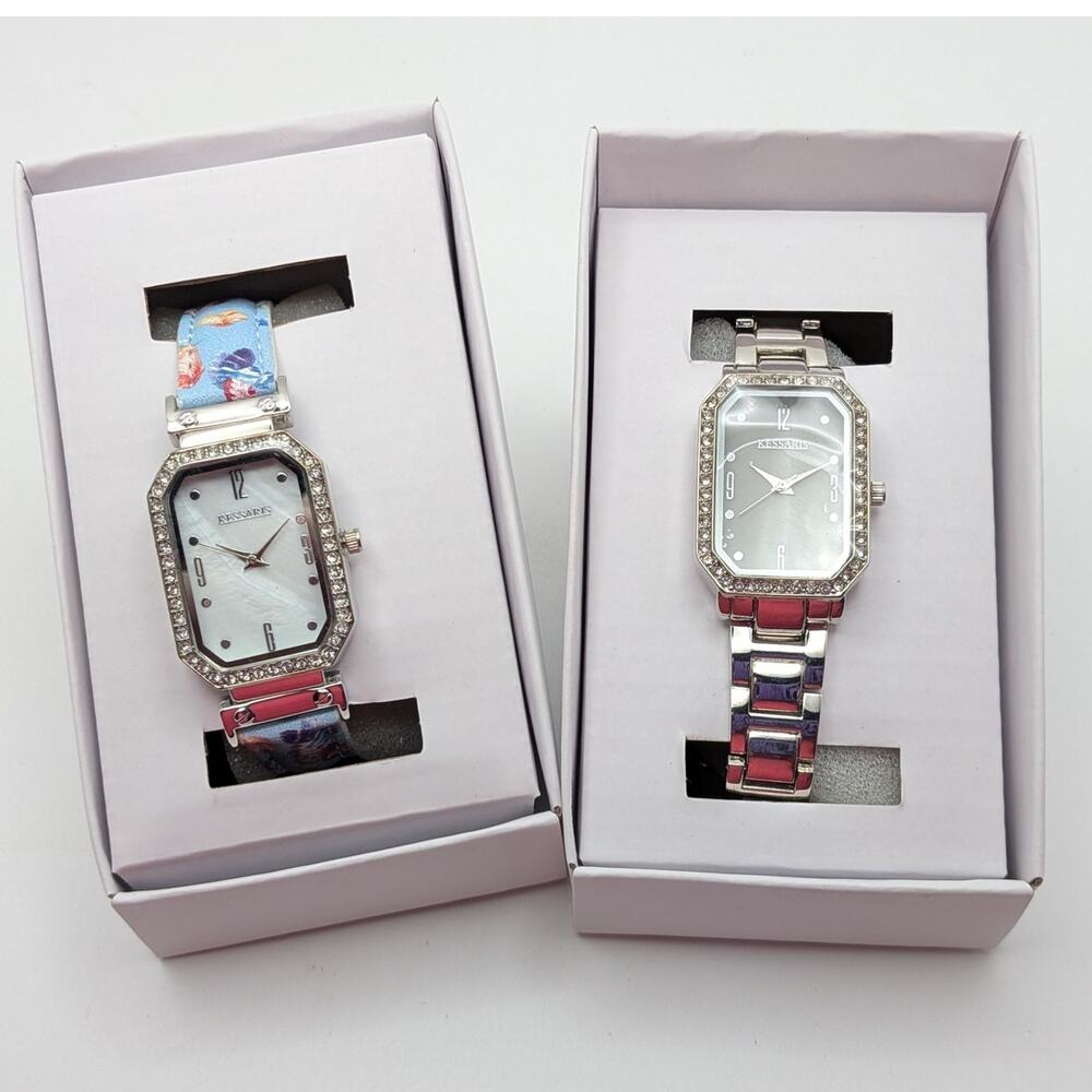 KESSARIS Women's Watch Set 2pc Crystal Bezel MOP Dial Floral Strap Metal Strap